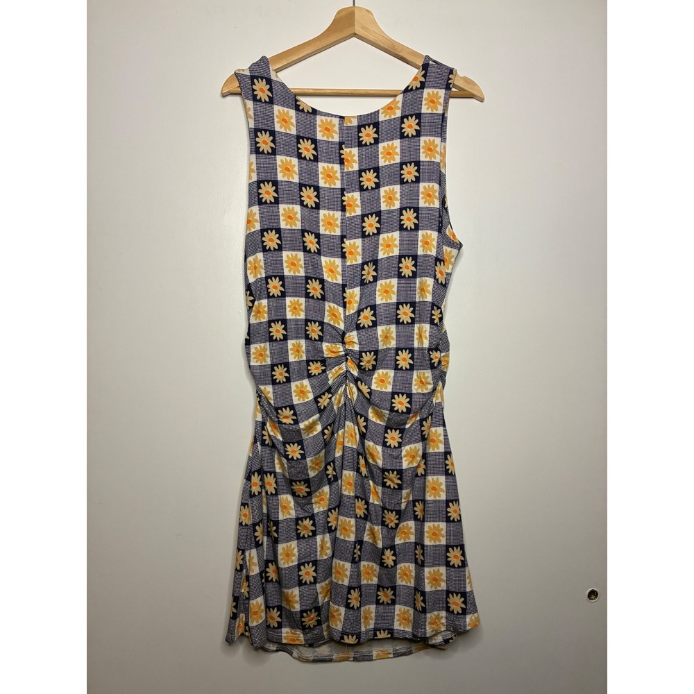 Lisa Says Gah Dress Women 2XL Blue White Daisy Gingham Ruched Back Midi Tank - Picture 2 of 8